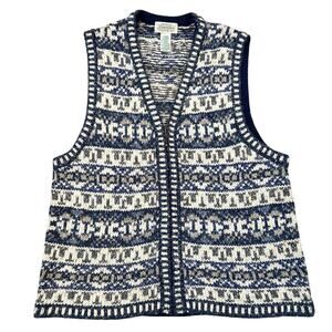 Vintage St. John’s Bay Wool Blend Patterned Blue Cream Full Zip Sweater Vest (L)